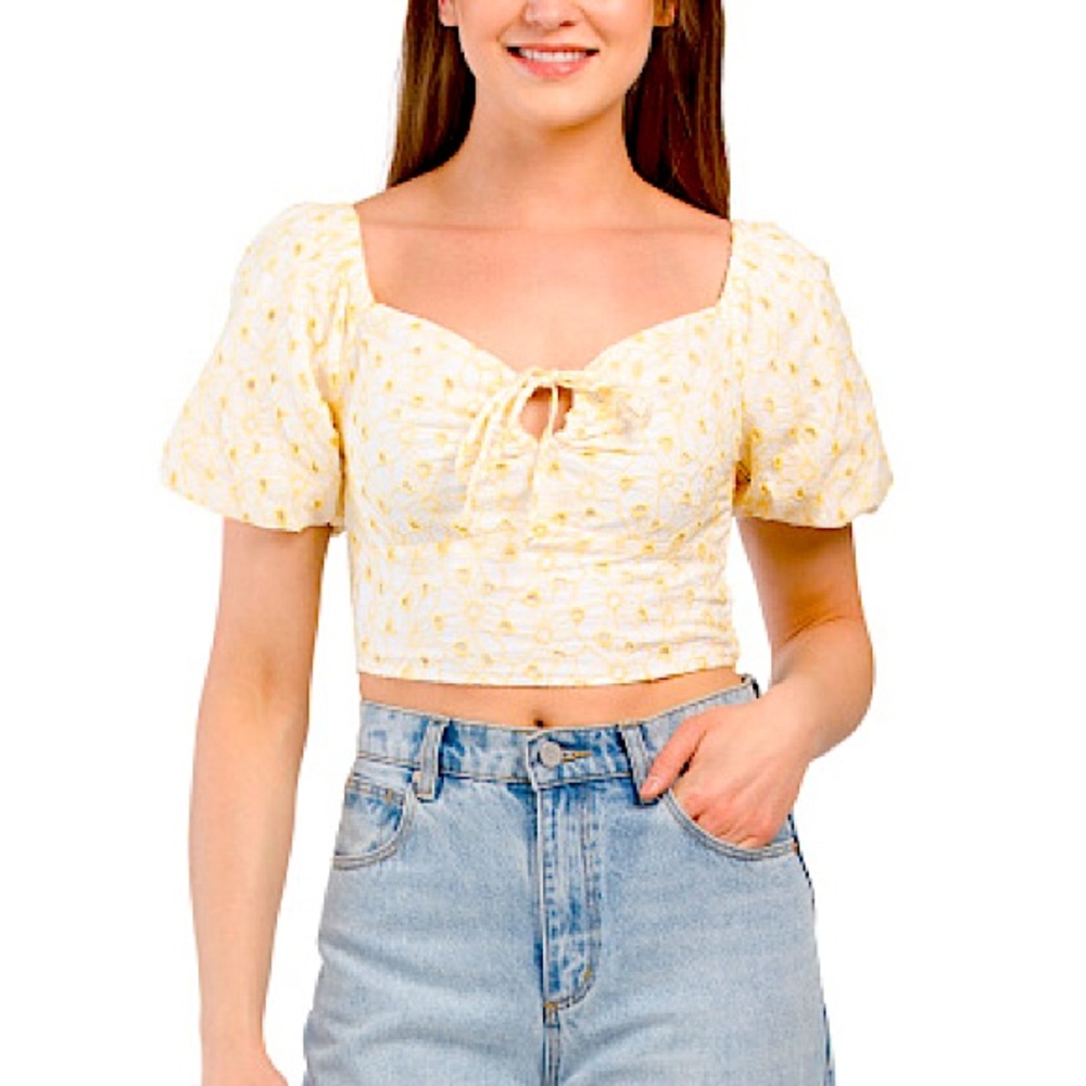 JAPNA | Cream & Butter Yellow Puff Sleeve Eyelet Floral Smocked Crop Cotton Top